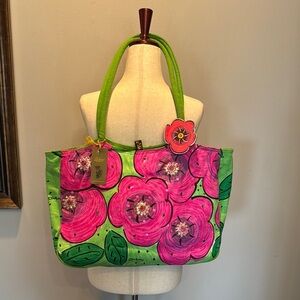 Sally Huss Colorful beaded Floral Tote Bag NWT